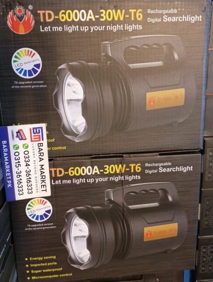 Rechargeable Digital Searchlight Emergency LED Light for Short & Long Range – Waterproof – TD-6000A-30W-T6